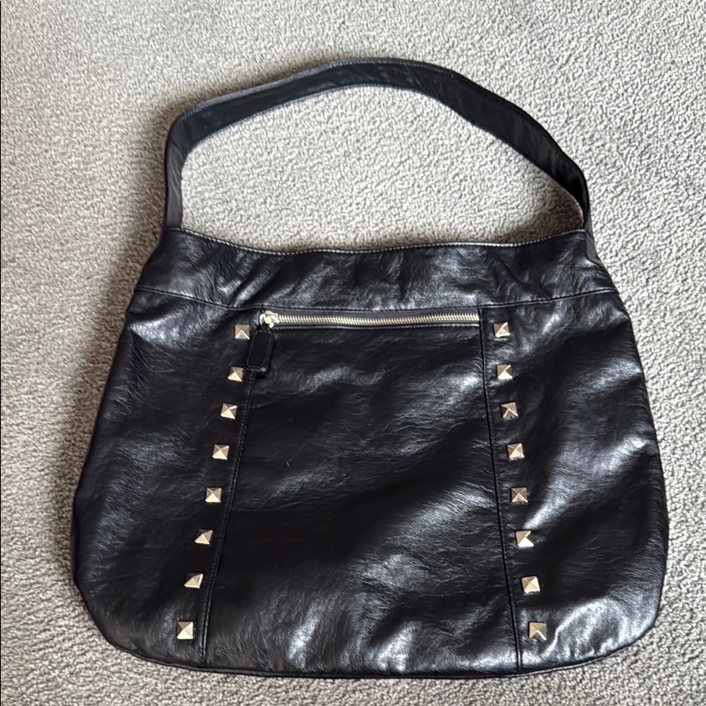 NWOT-Studded Faux Leather Large Black Shoulder Bag/Tote! Silver Tone Hardware.